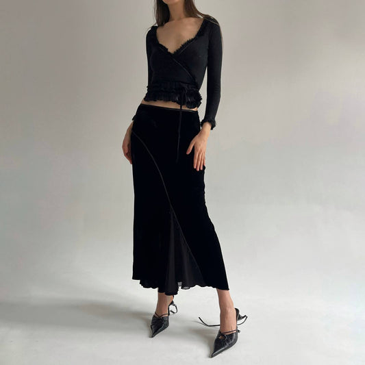 Y2K silk blend velour maxi skirt with decorative buttons