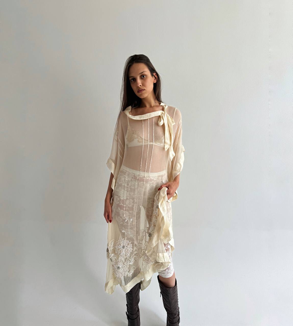 Vintage pure silk beaded crepe sheer dress