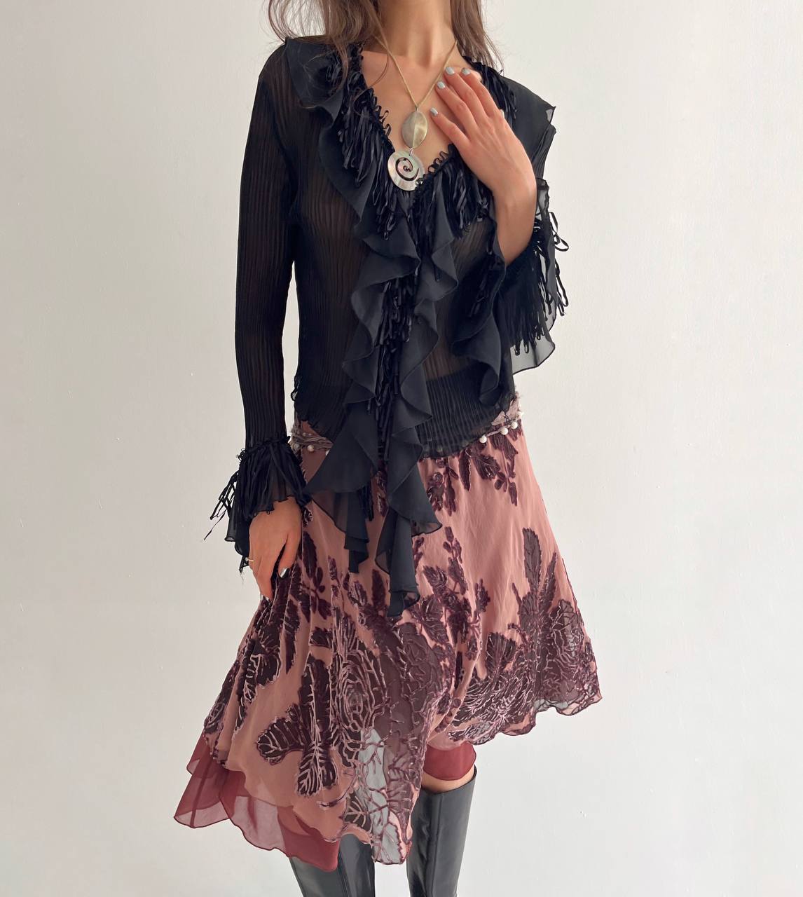 Vintage black ruffled blouse