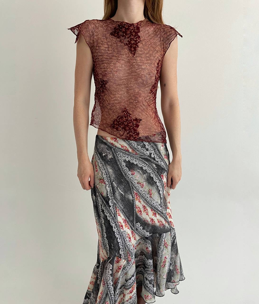 Vintage burgundy mesh asymmetrical top