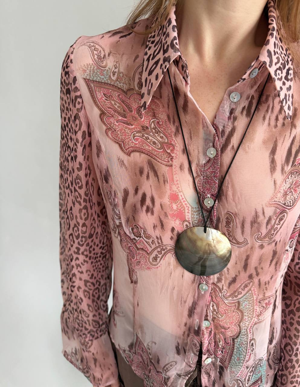 Vintage pink sheer blouse with print