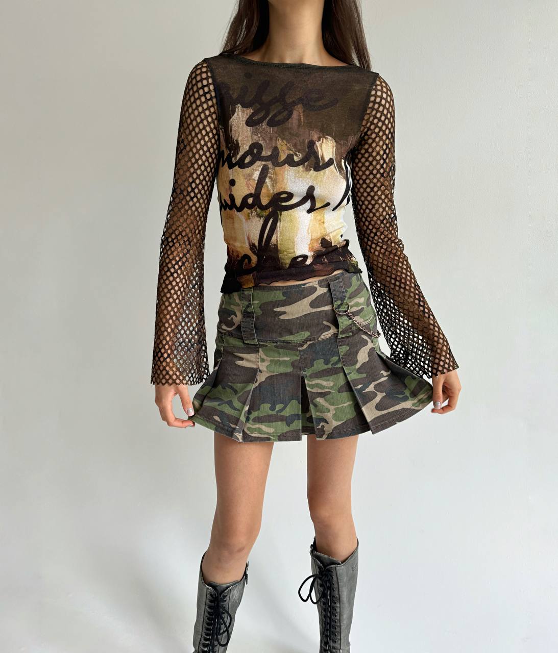 Vintage camouflage mini pleated skirt with a chain