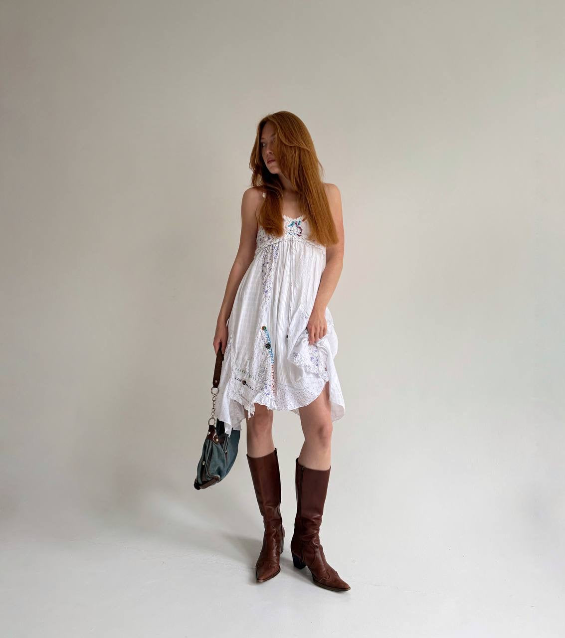Vintage asymmetrical cotton dress with abstract embroidery