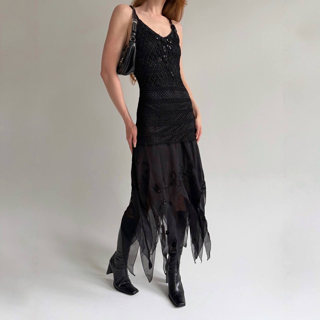 Vintage black 100% rayon asymmetrical long dress