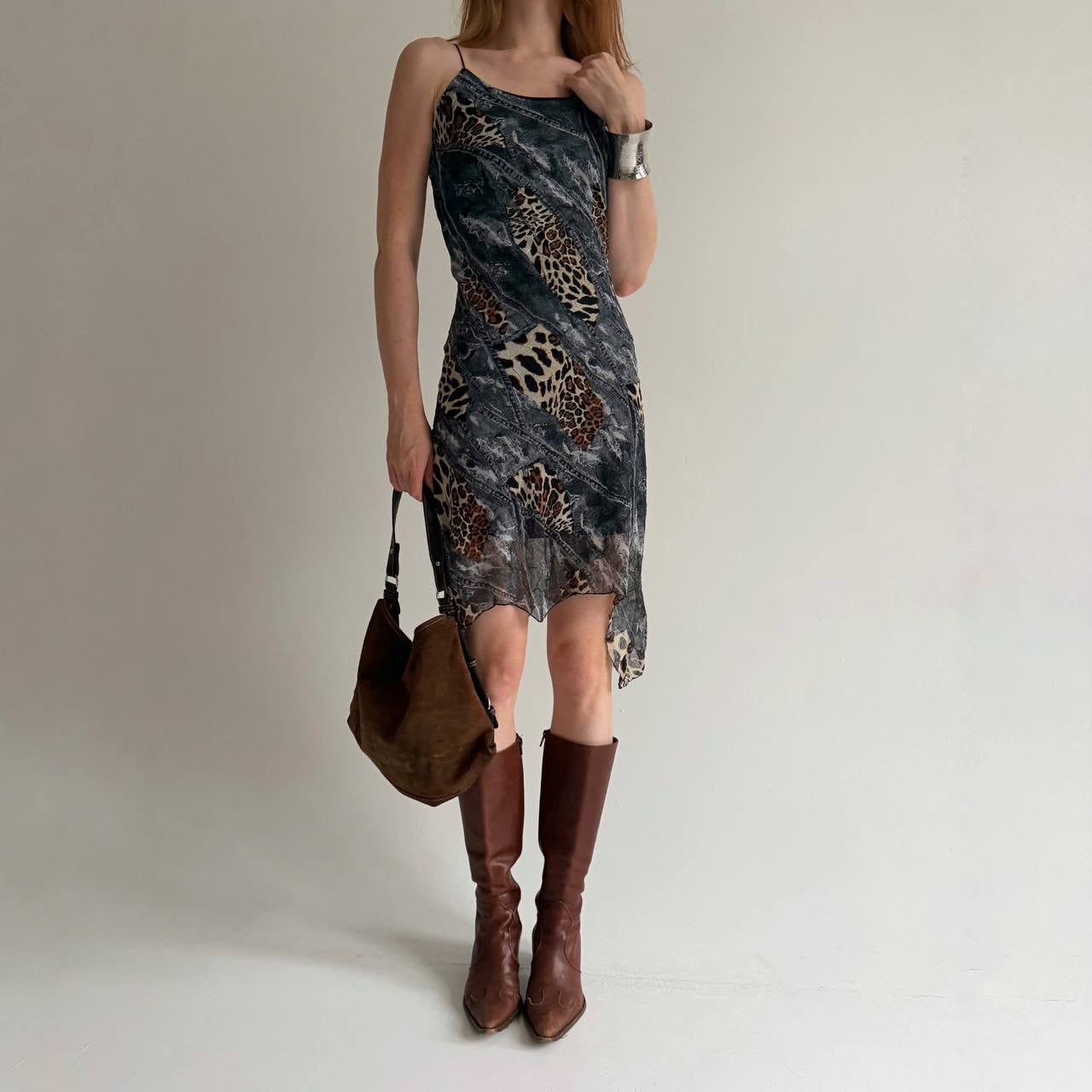 Vintage leopard and denim print midi dress