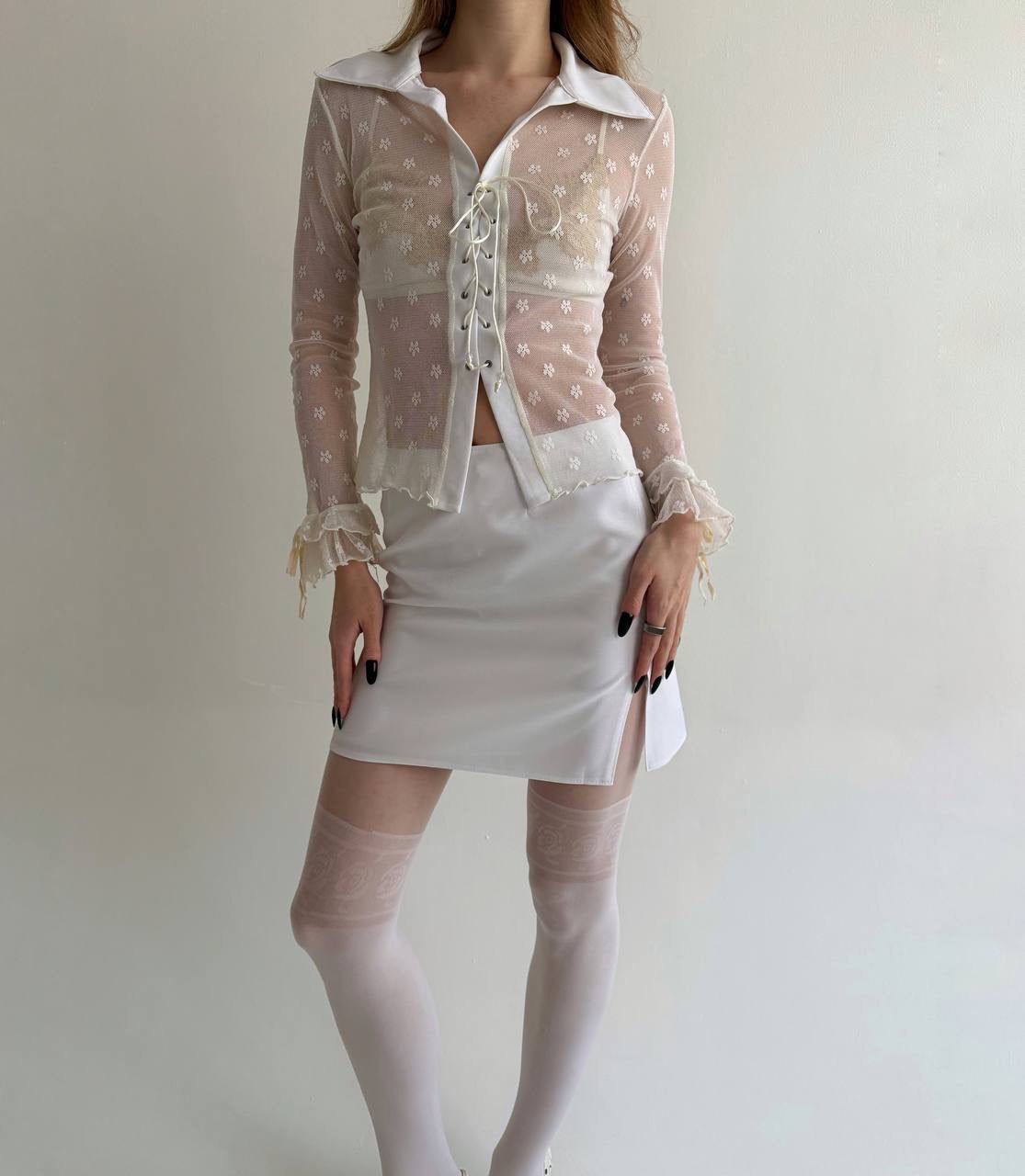 Y2K white mesh blouse with flower pattern