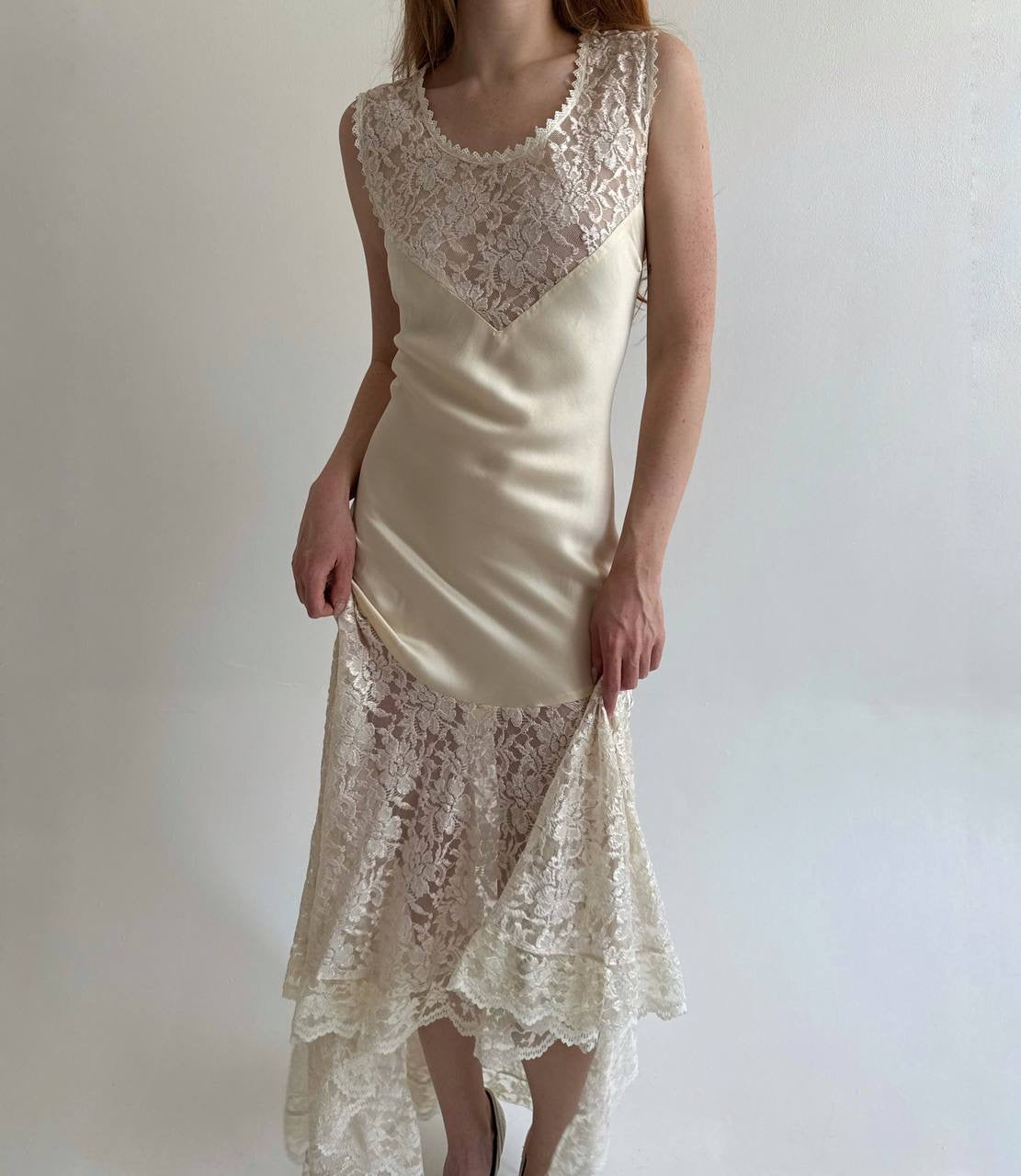 Vintage 80s pure silk antique inspired lace dress