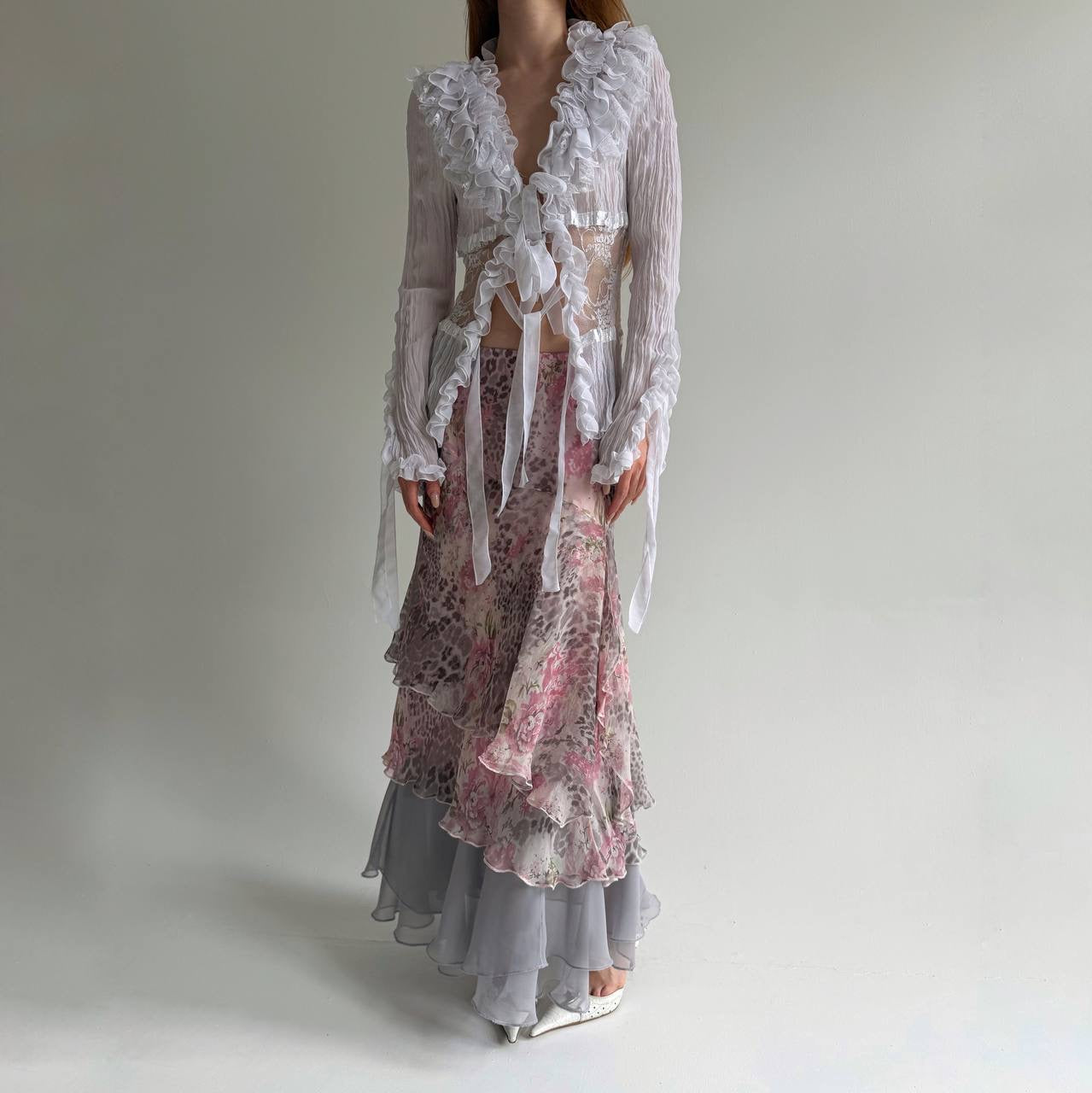 Vintage printed ruched long skirt