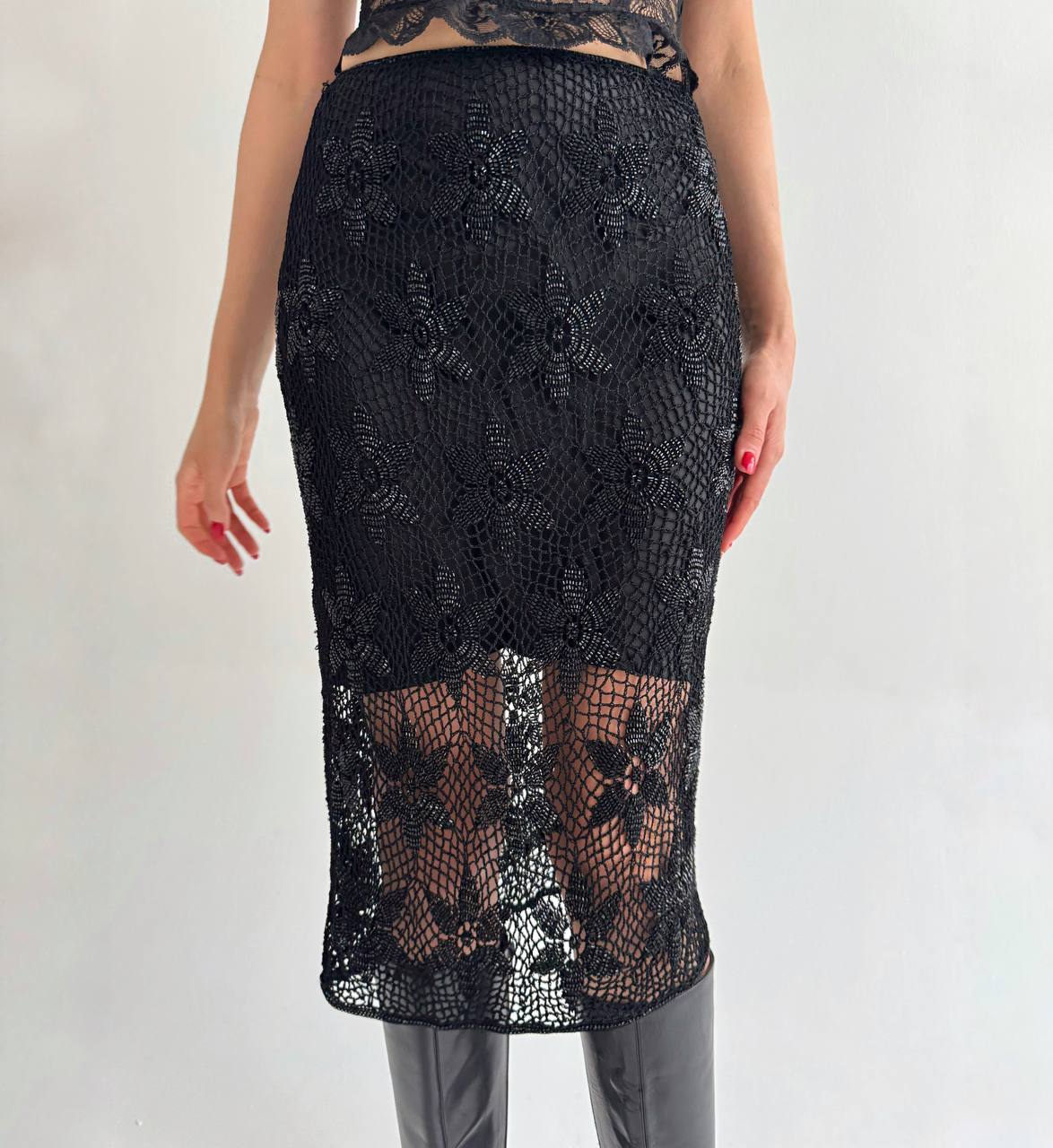 Vintage Alberta Ferretti rayon crochet beaded skirt