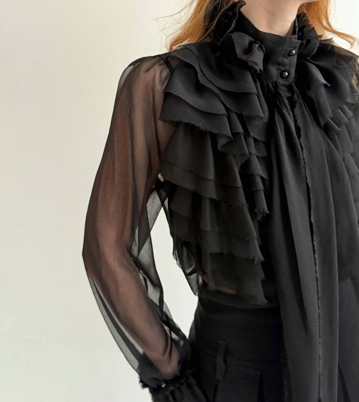 Y2K sheer black blouse with raw trim