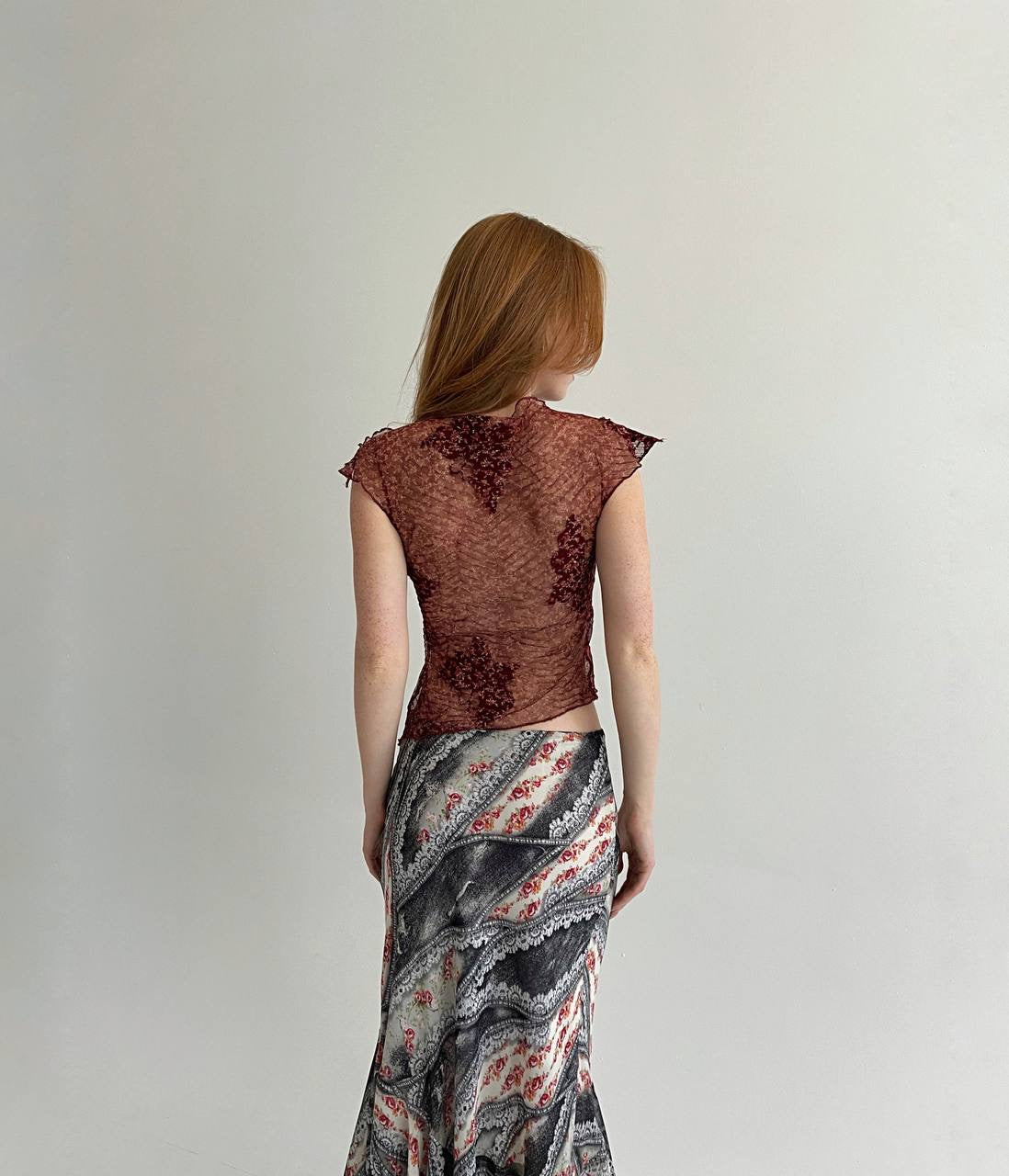 Vintage burgundy mesh asymmetrical top