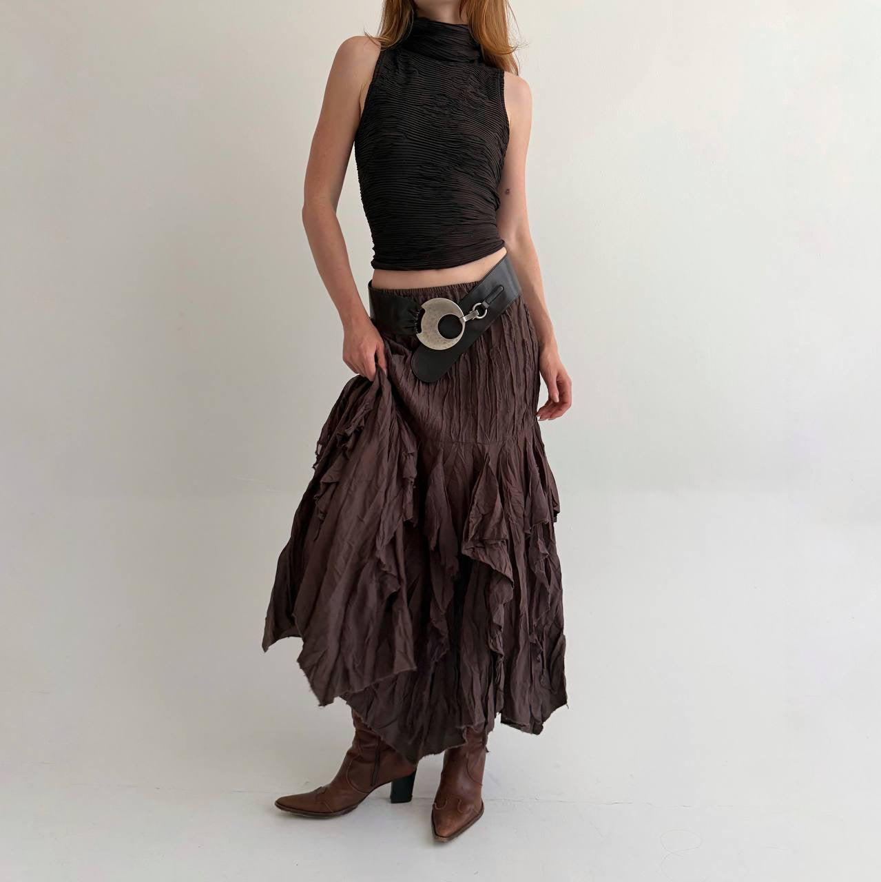 Vintage brown asymmetrical long skirt