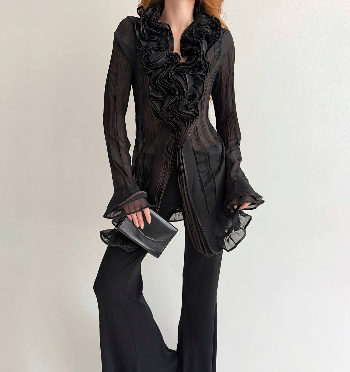 Vintage black ruffled semi sheer long blouse