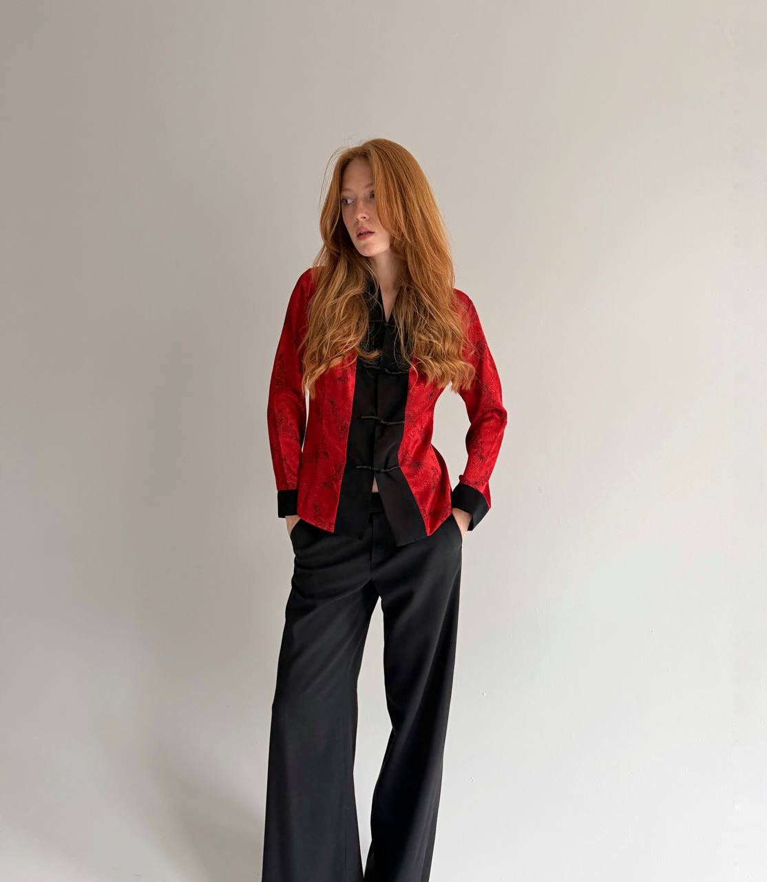 Vintage kimono style red satin blouse