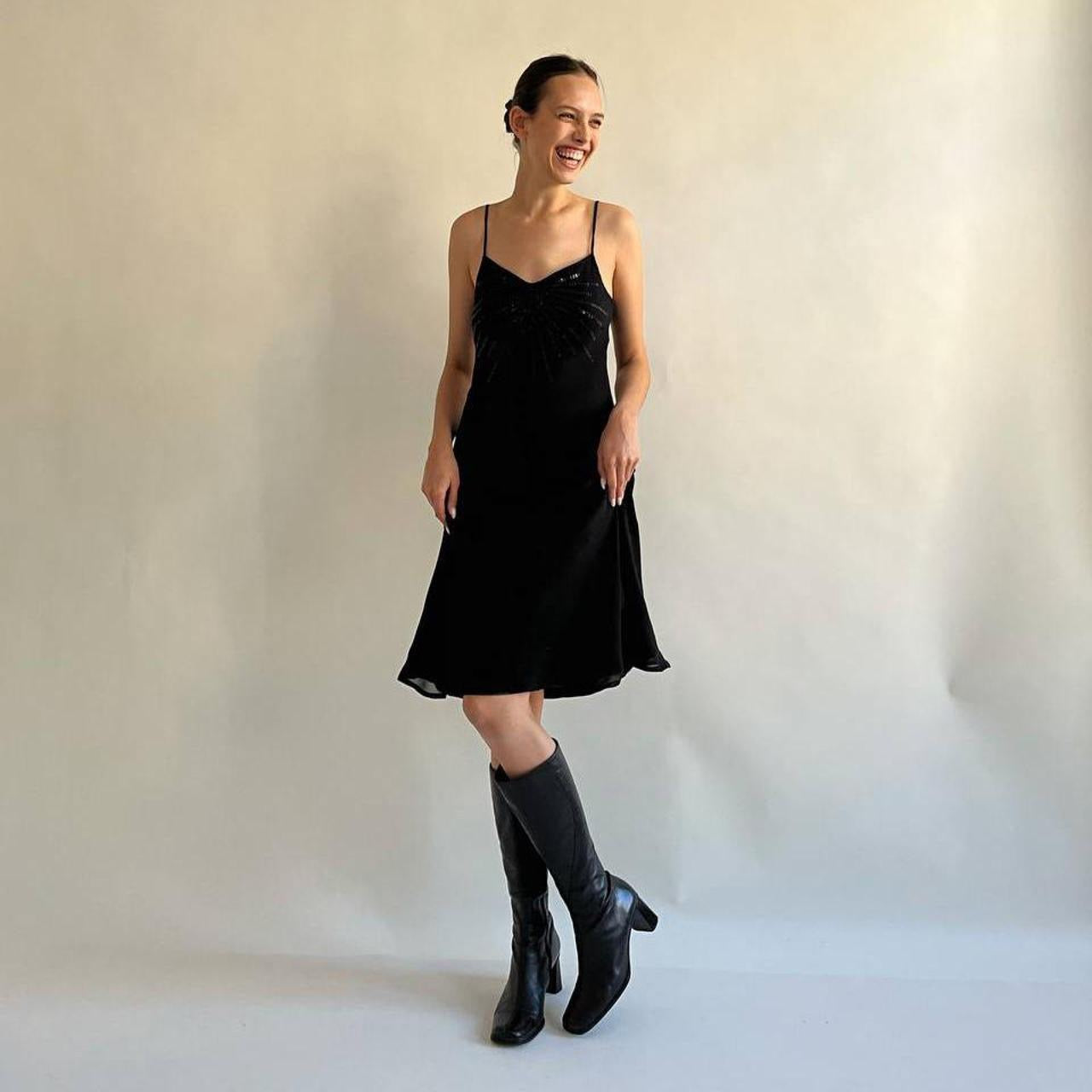 Vintage silk black slip dress with sequins