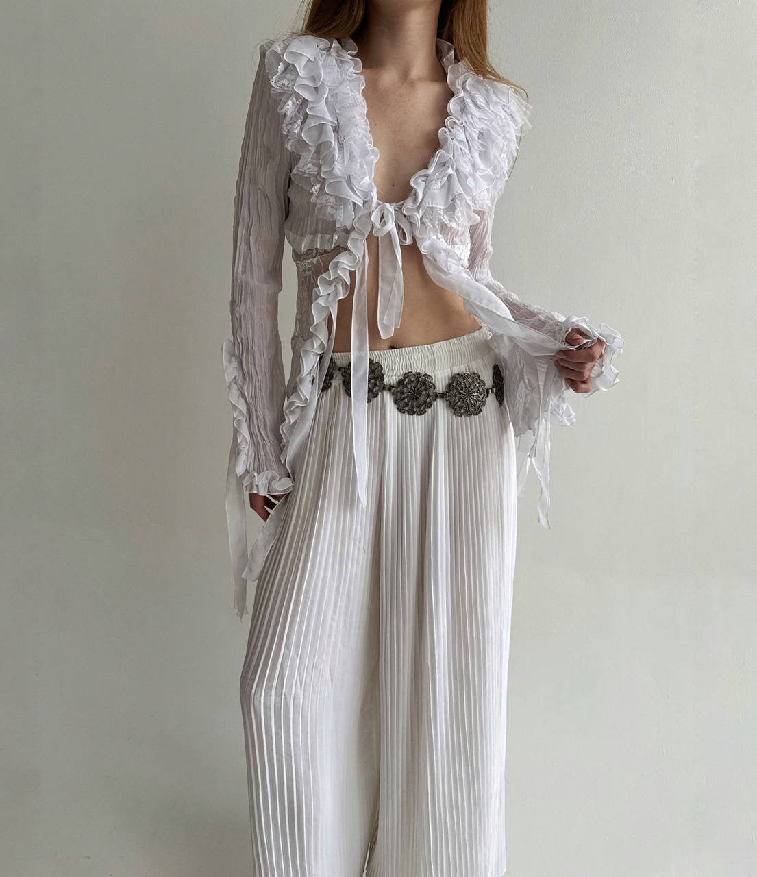 Vintage pleated white long wide pants