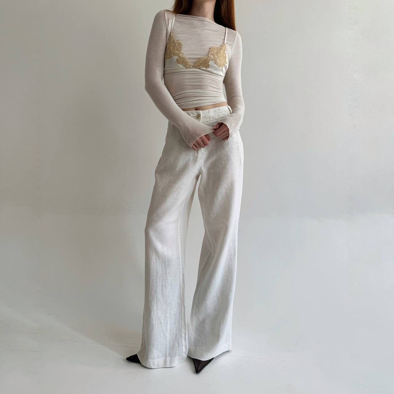 Y2K linen white wide leg pants