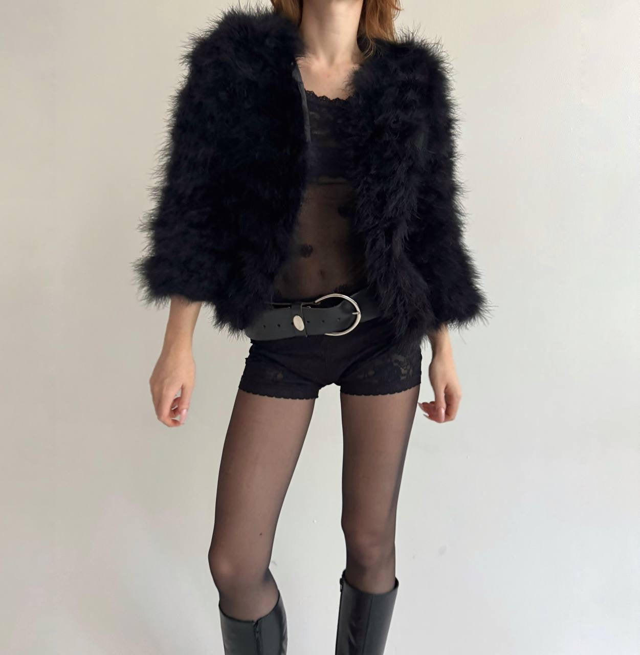 Vintage real feather black chic jacket