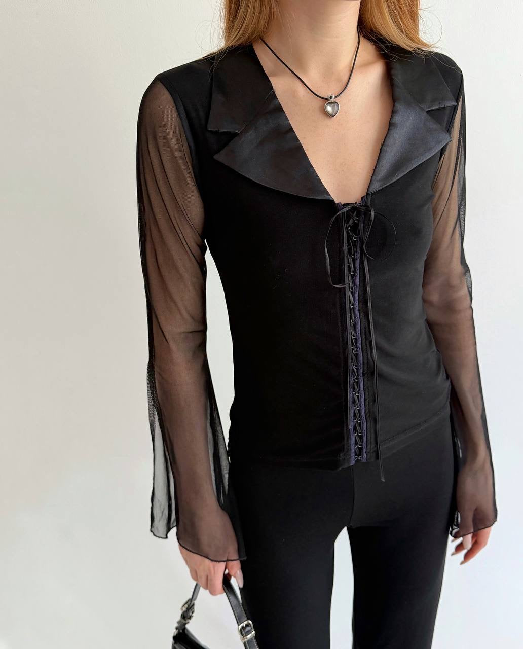 Vintage black blouse with sheer sleeves