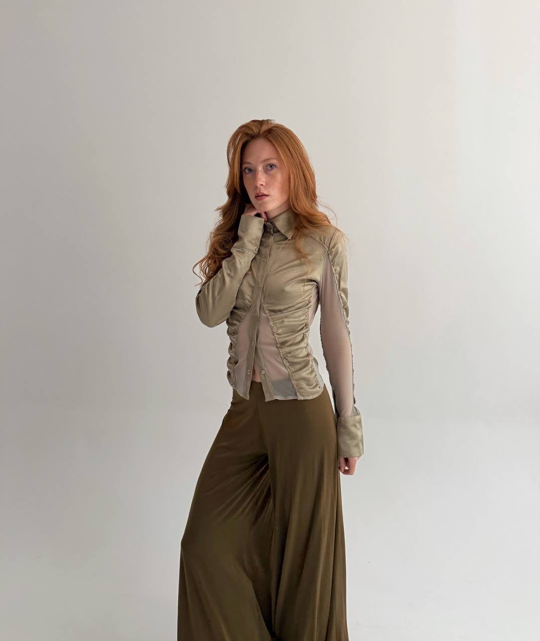 Vintage viscose olive green satin button-up blouse