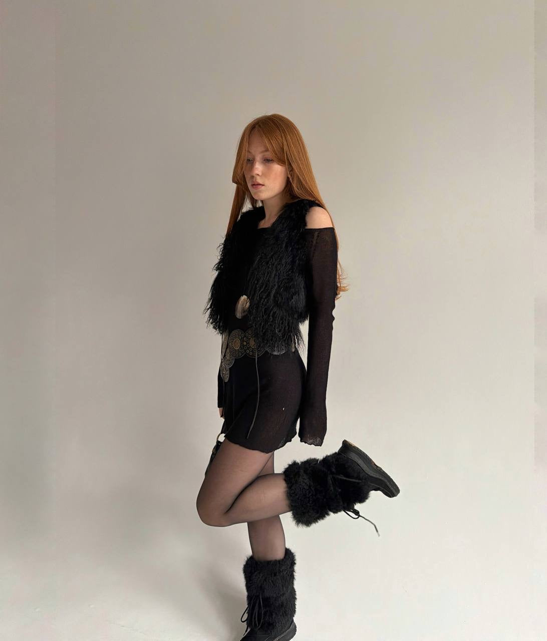 Black fur cropped vest