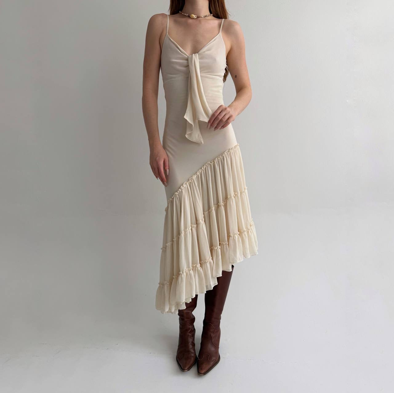 Vintage asymmetrical dress with pleated ruched bottom
