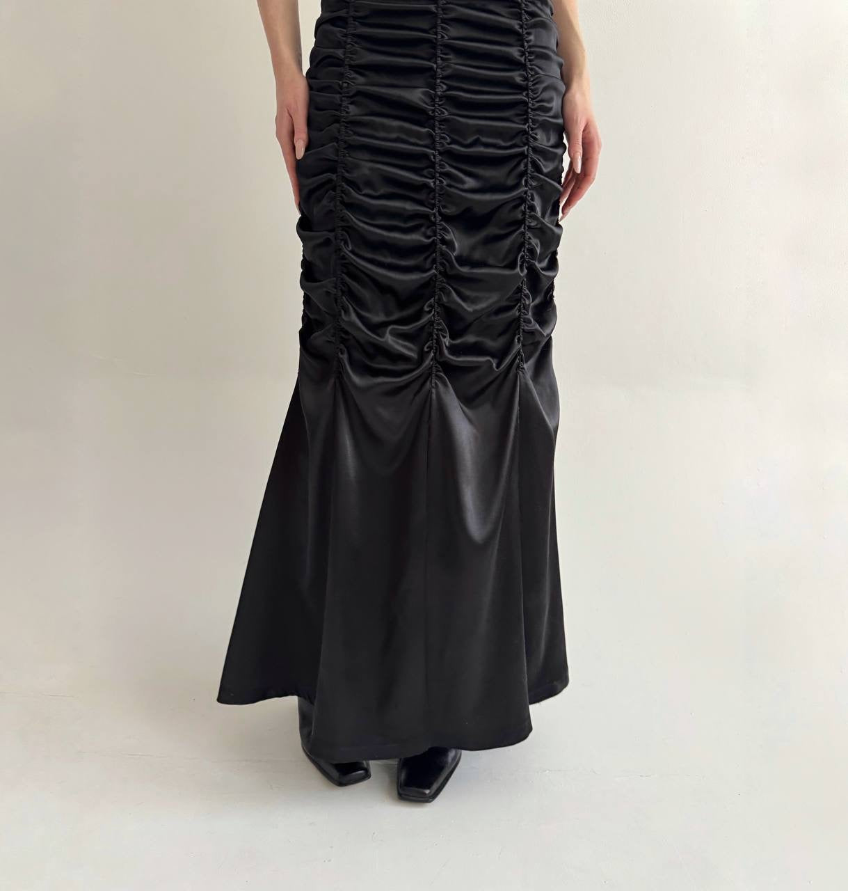 Vintage black satin long ruched skirt
