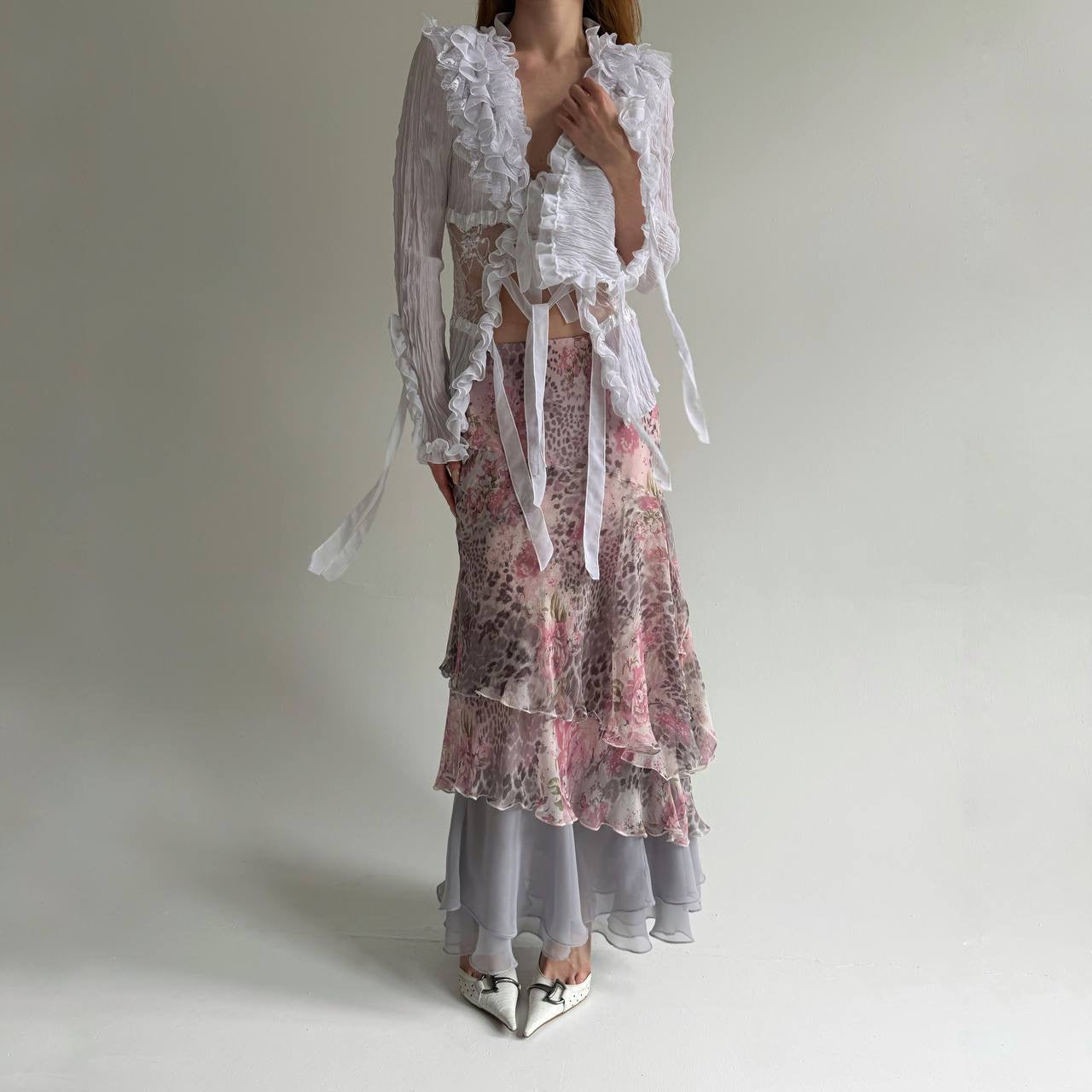 Vintage printed ruched long skirt