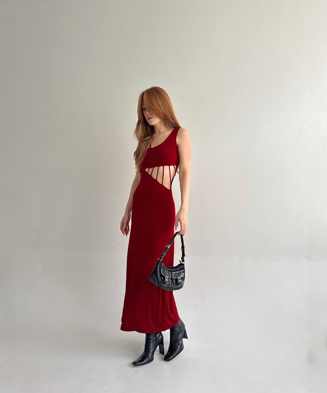 Vintage red long dress with cuts