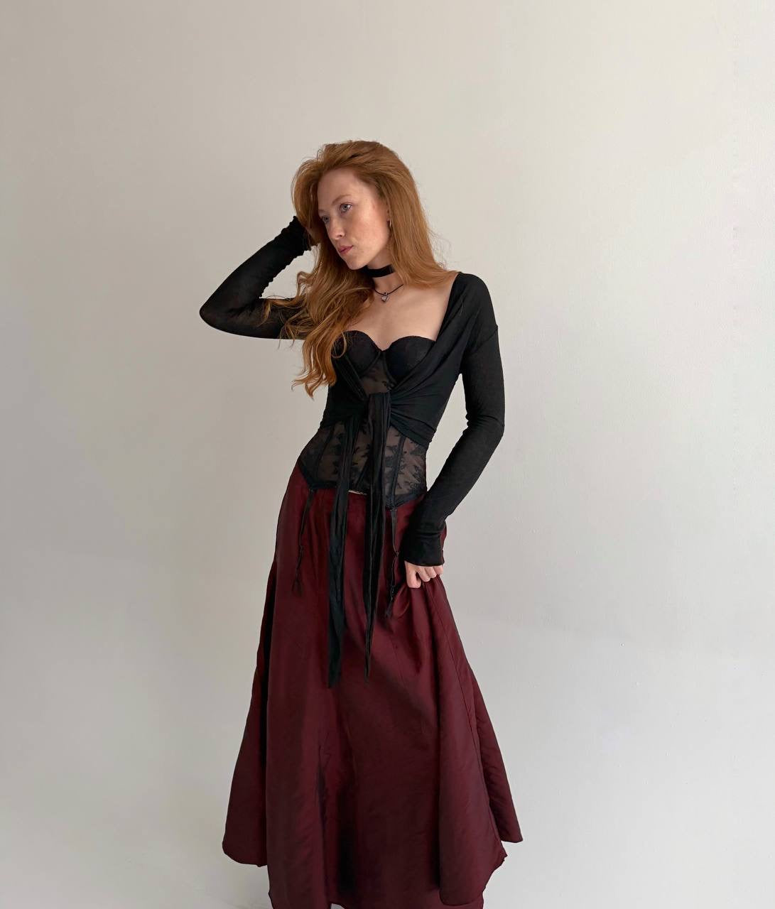 Vintage 53% viscose burgundy maxi skirt