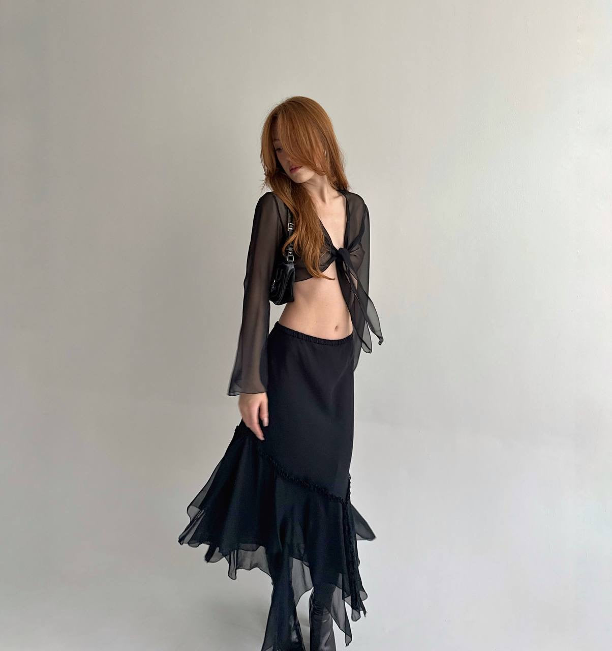 Vintage viscose black asymmetrical layered bottom skirt with ruched detail