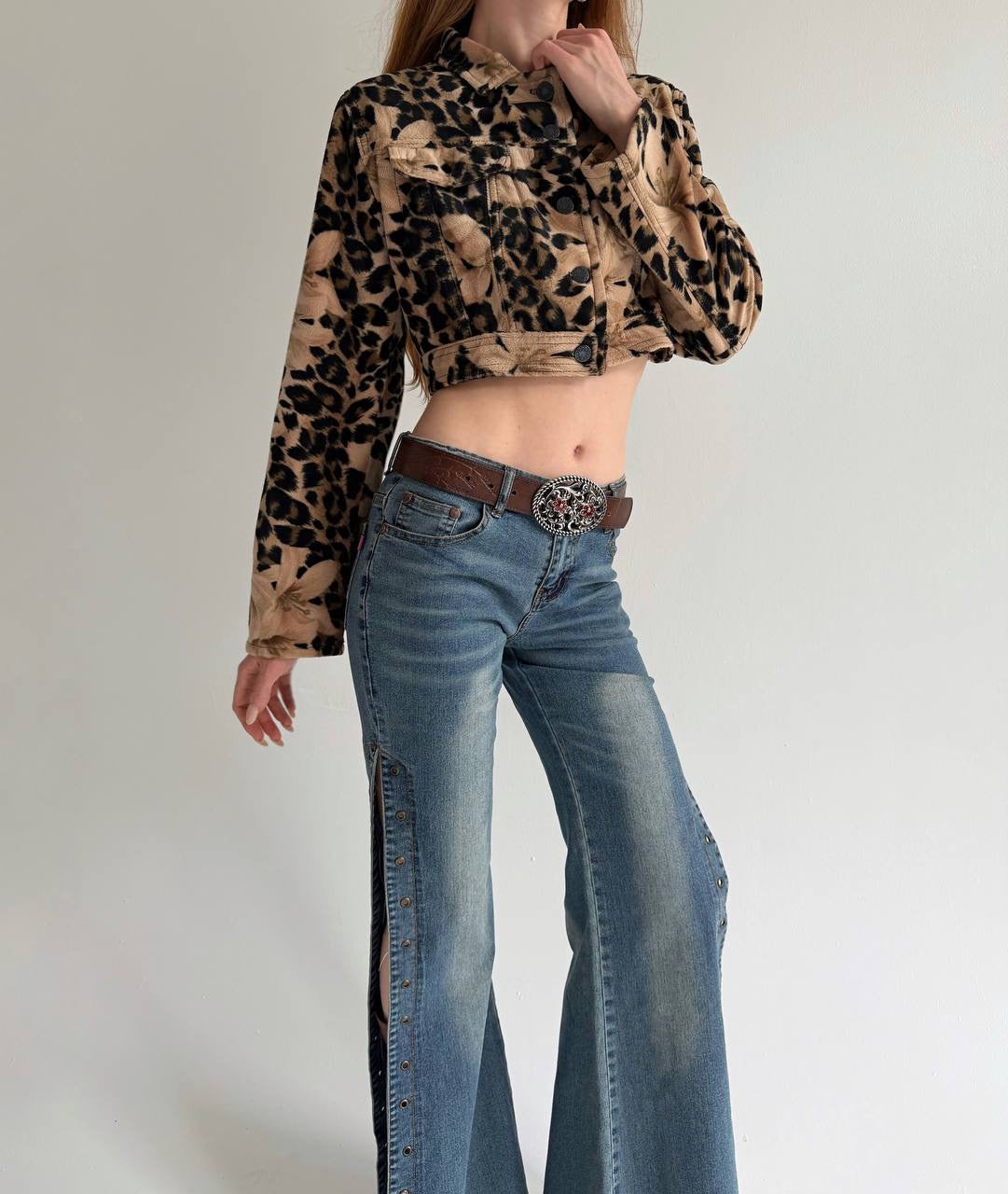 Vintage cropped jacket with leopard print