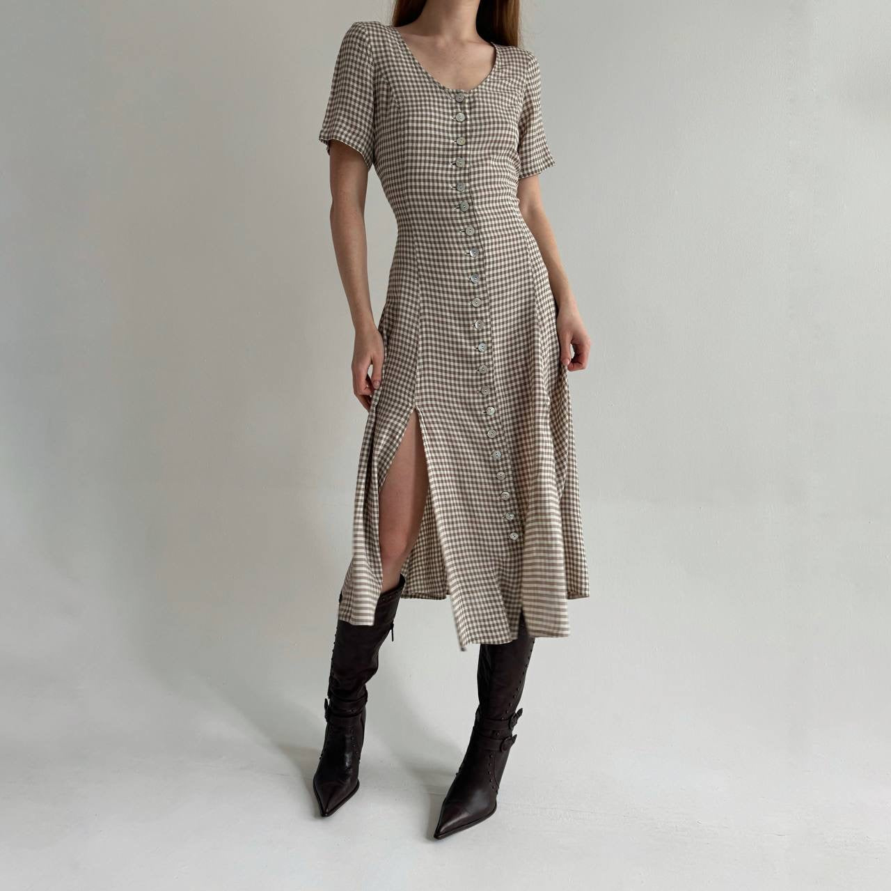 Vintage viscose checked dress with a waist tie