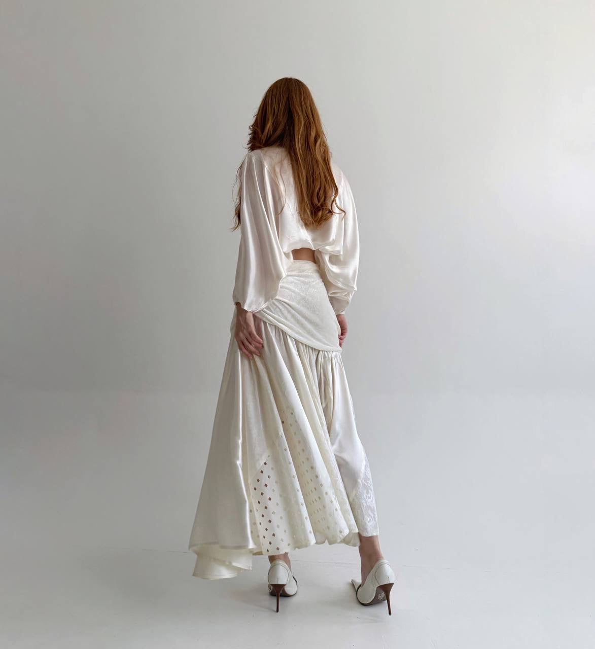 Vintage cream white maxi skirt with lace and eyelet fabric