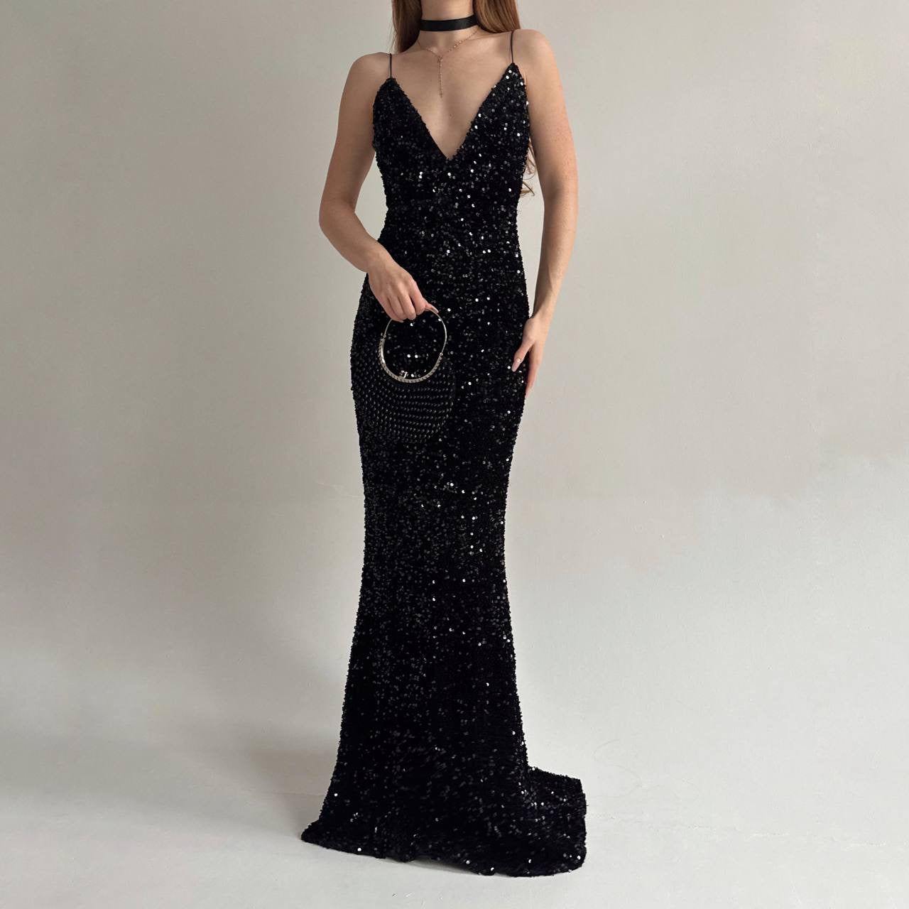 Vintage black long gown covered with sequins