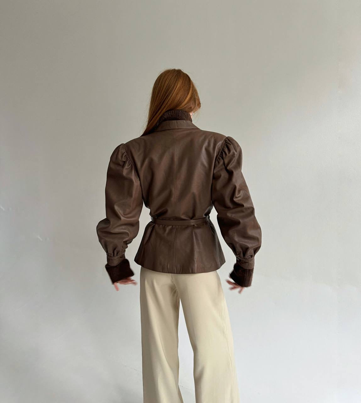 Vintage faux leather jacket with waist tie