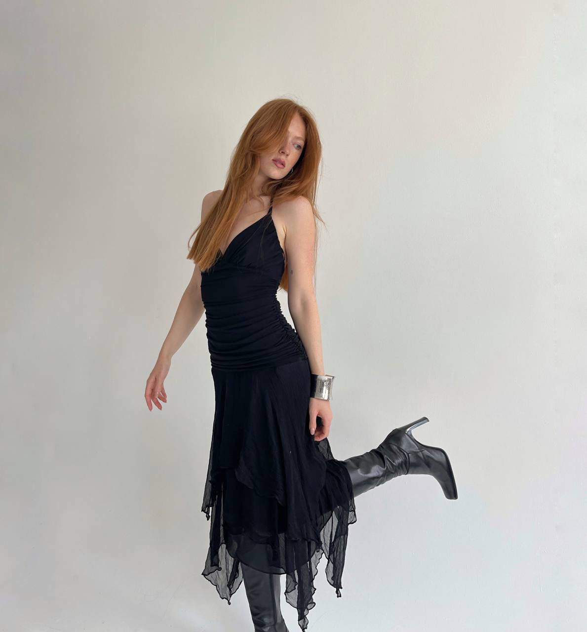 Y2K pure silk bottom black asymmetrical dress