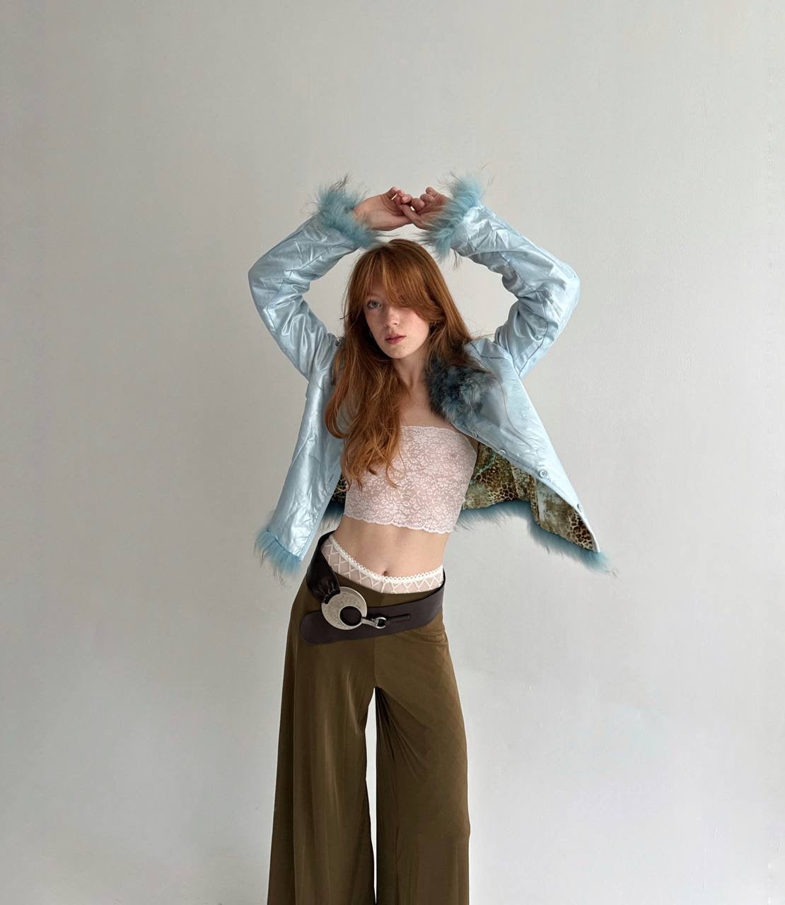 Vintage baby blue satin jacket with mixed faux