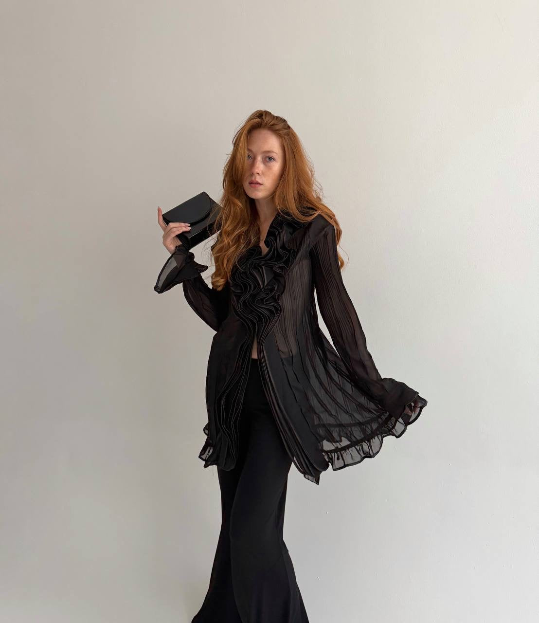 Vintage black ruffled semi sheer long blouse