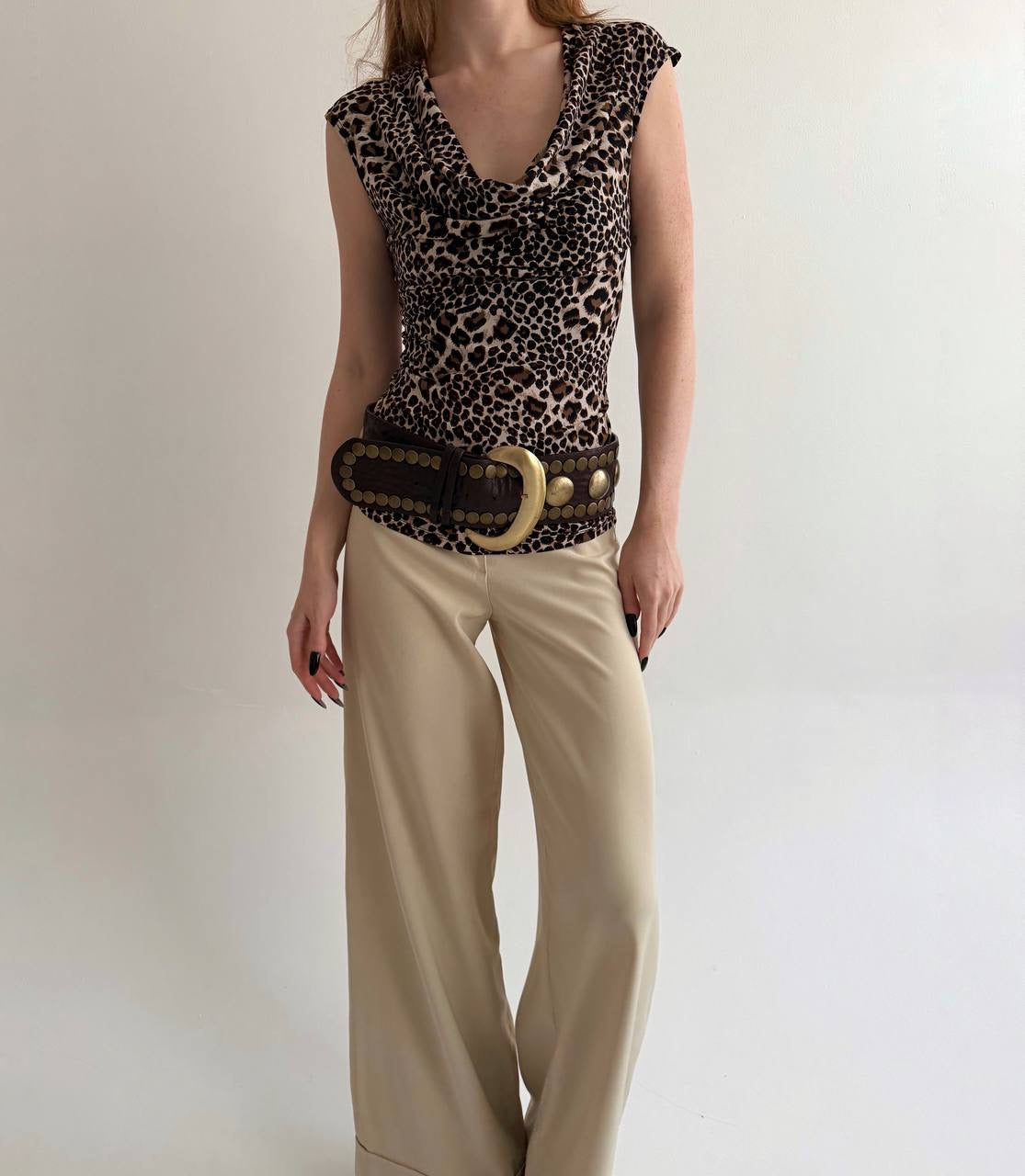 Y2K leopard print draped blouse
