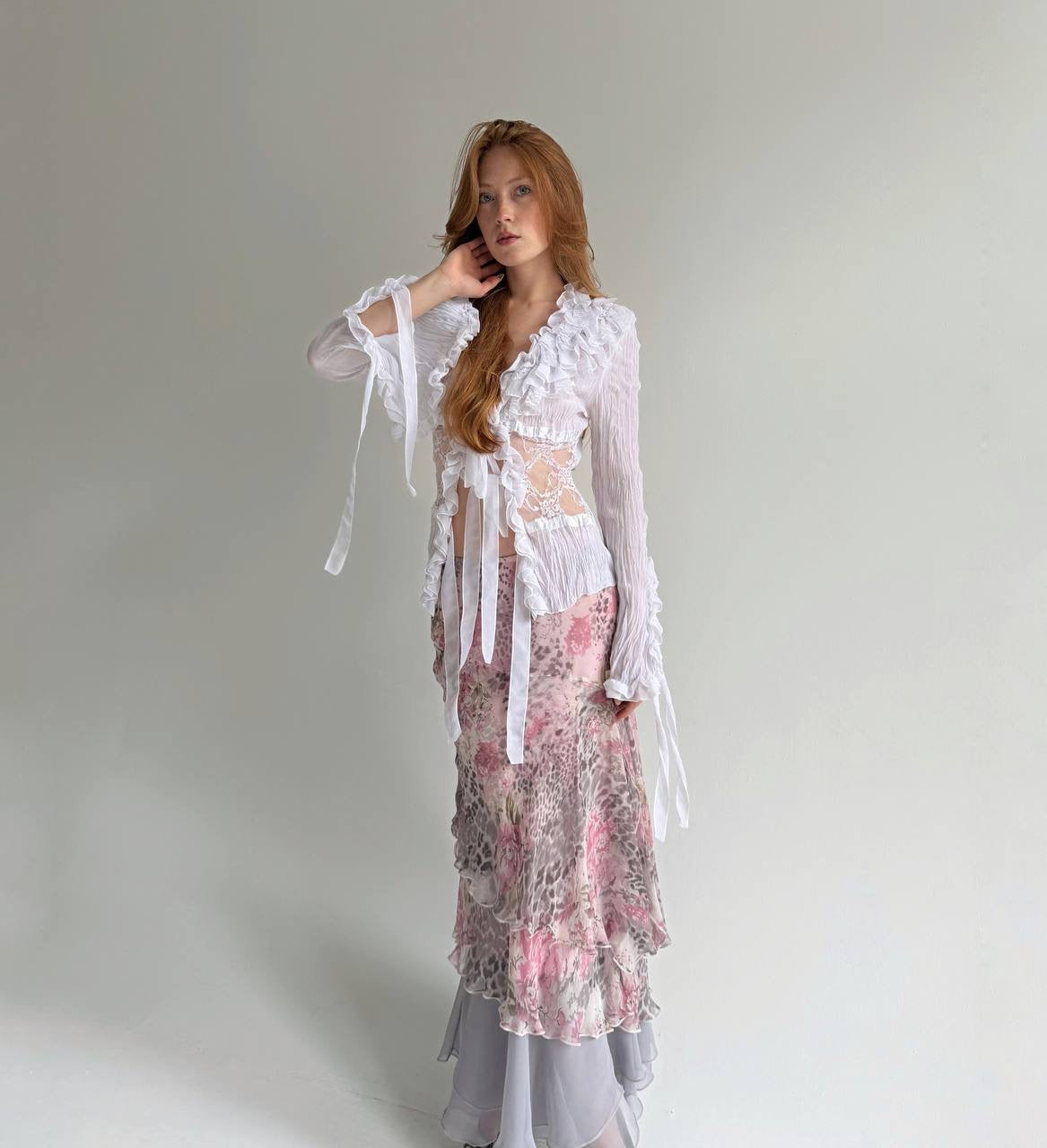 Vintage printed ruched long skirt