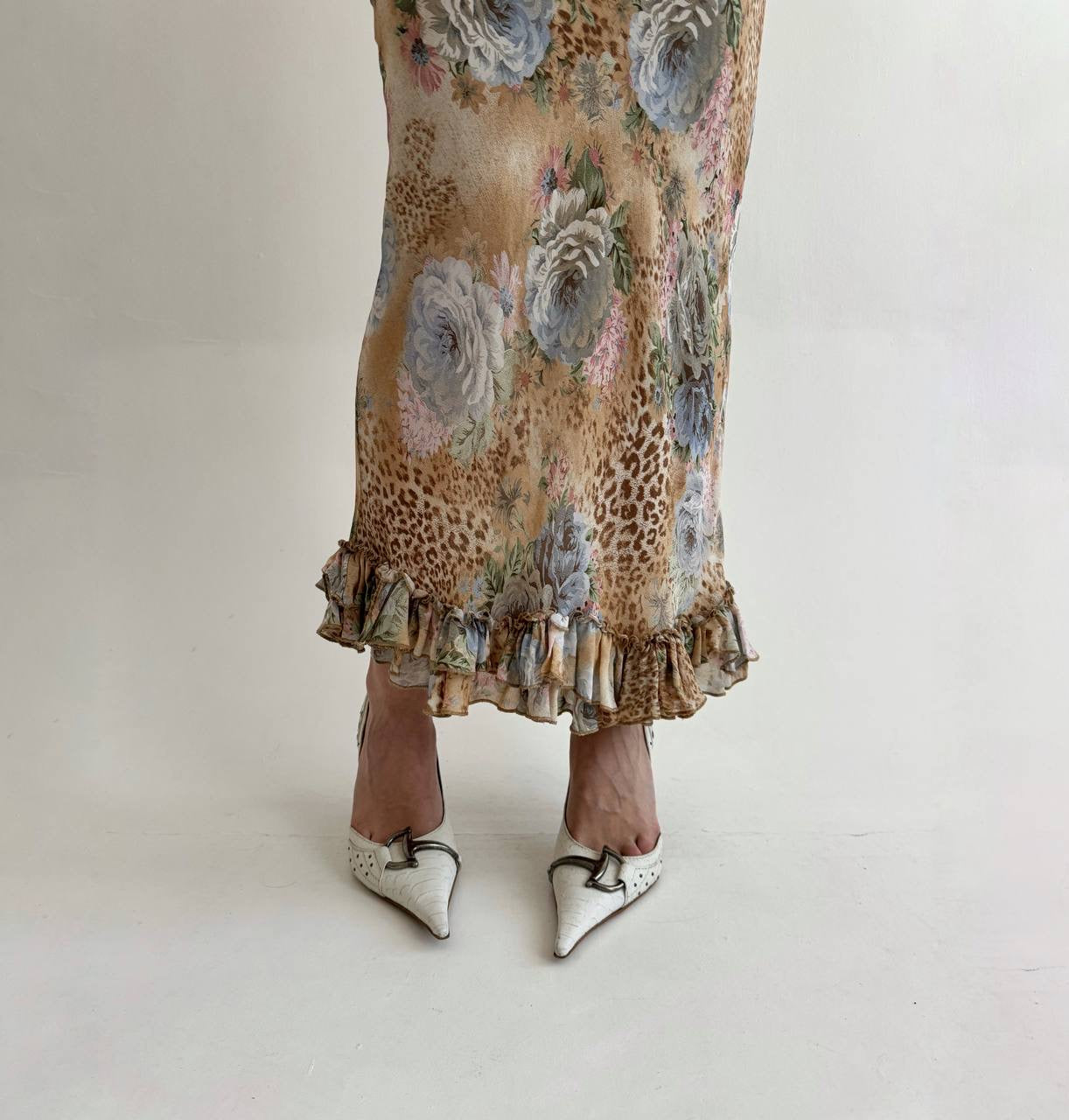 Vintage viscose long dress with leopard and flower print