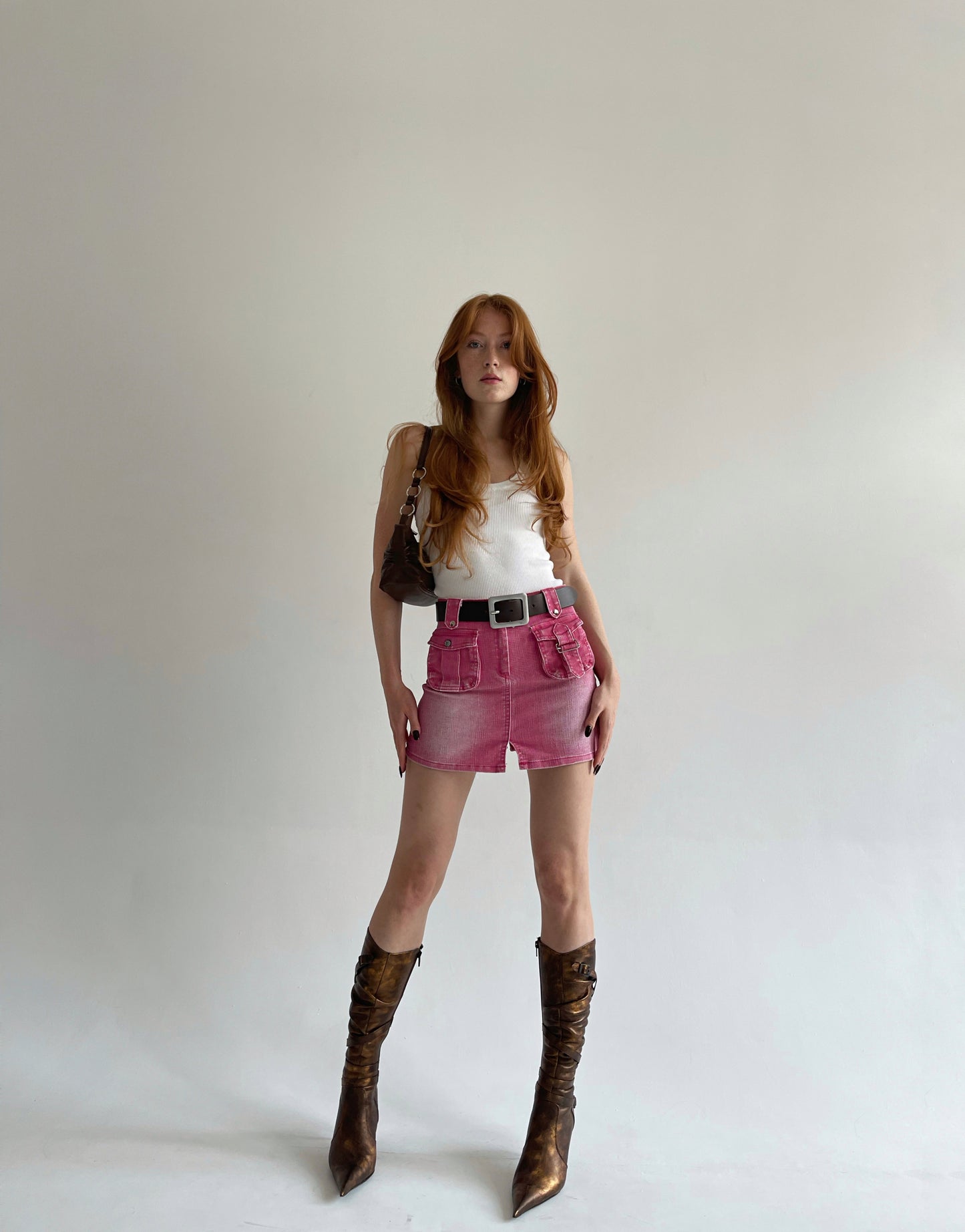 Vintage washed pink denim mini skirt