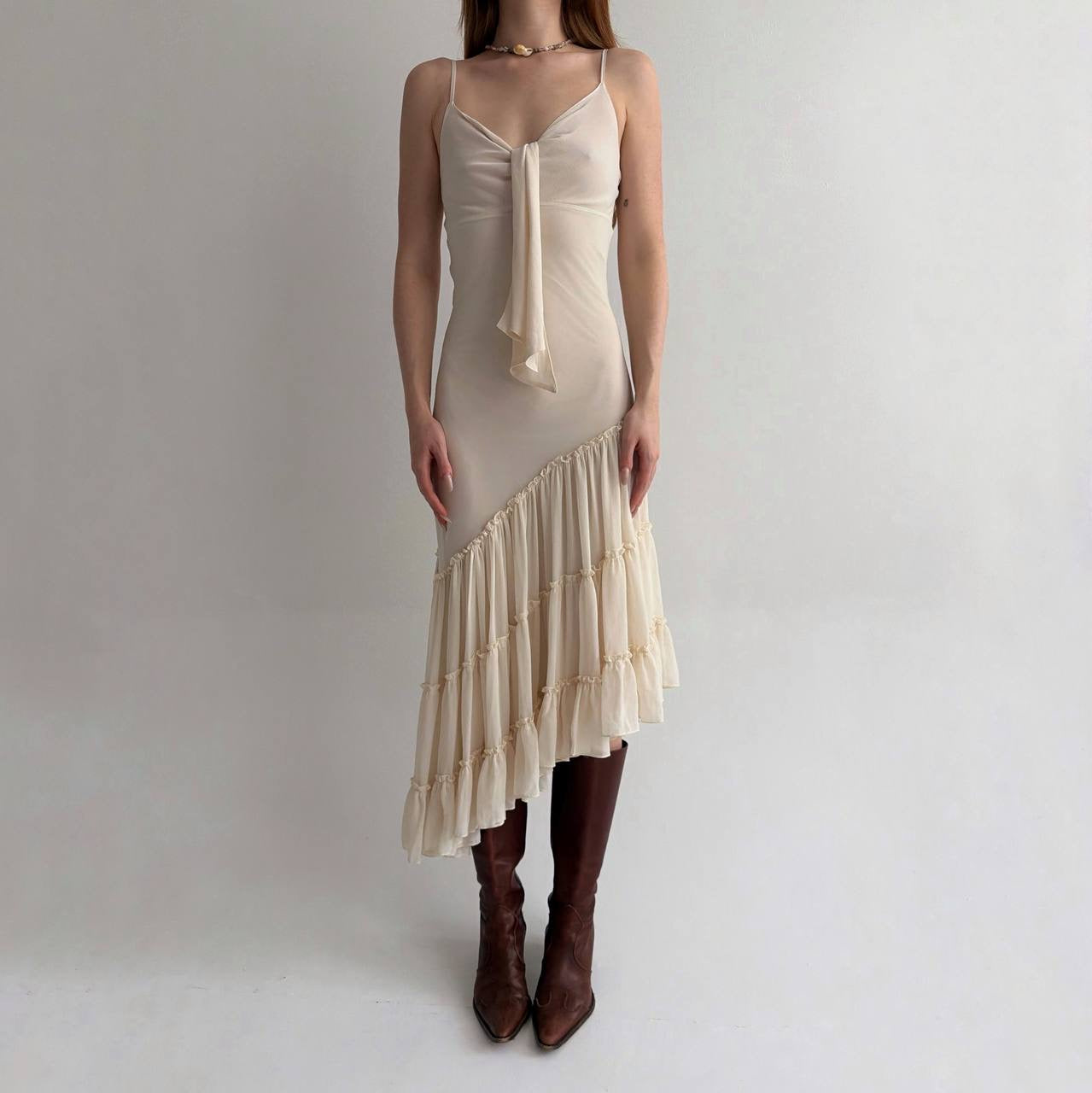 Vintage asymmetrical dress with pleated ruched bottom