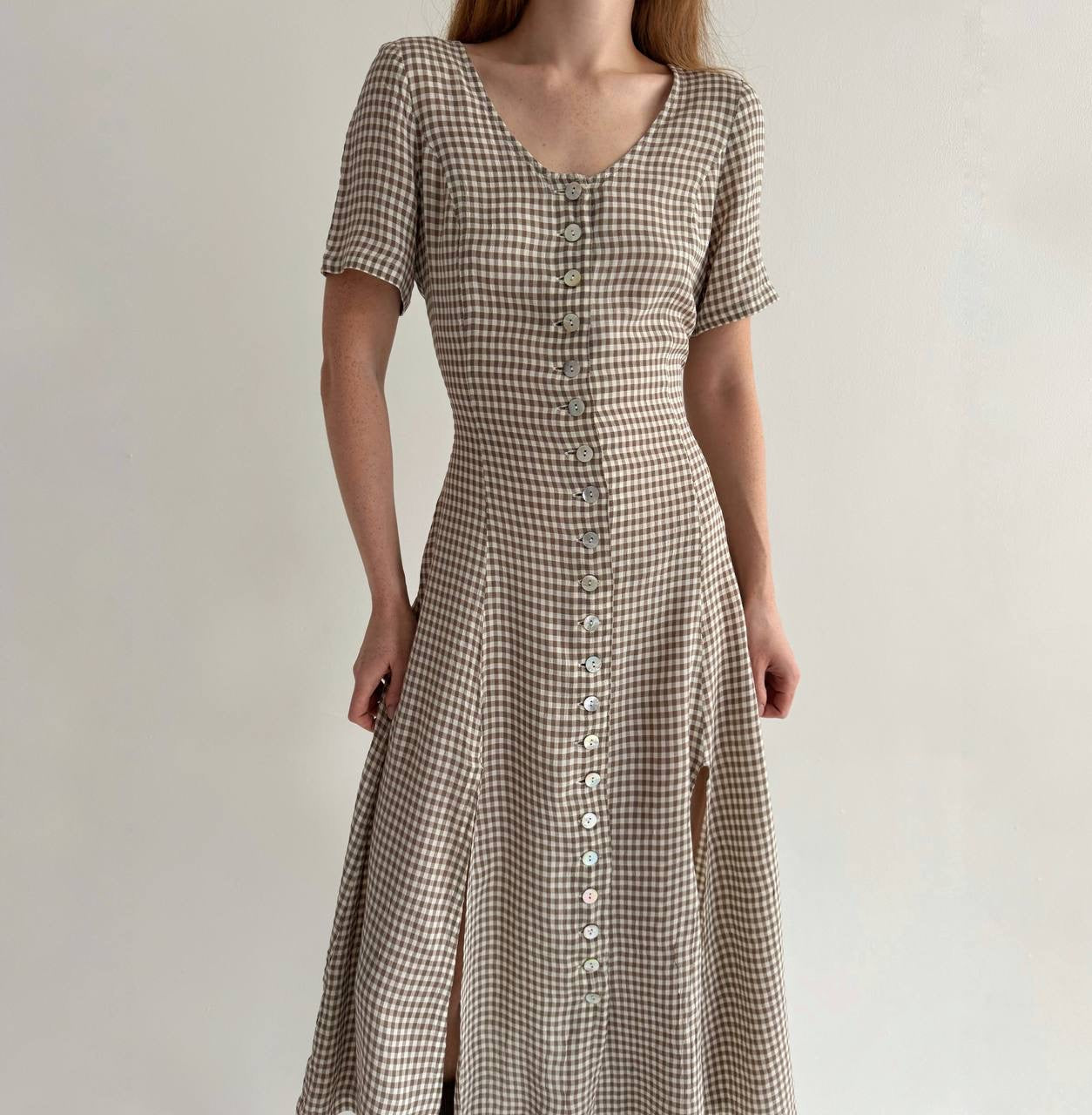 Vintage viscose checked dress with a waist tie