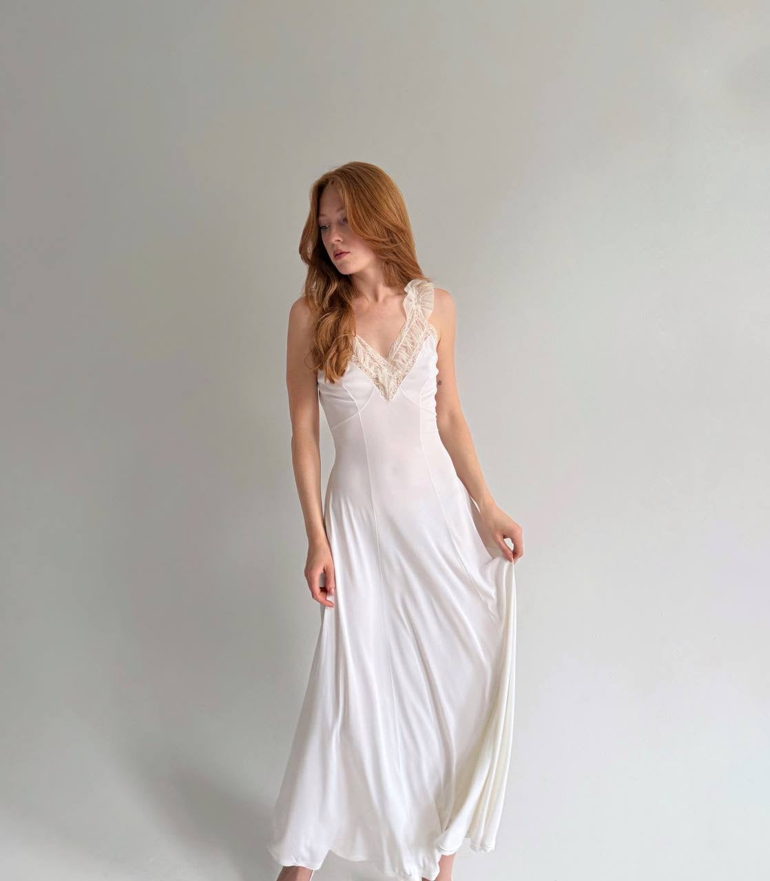 Vintage white long nighgown with lace and back tie