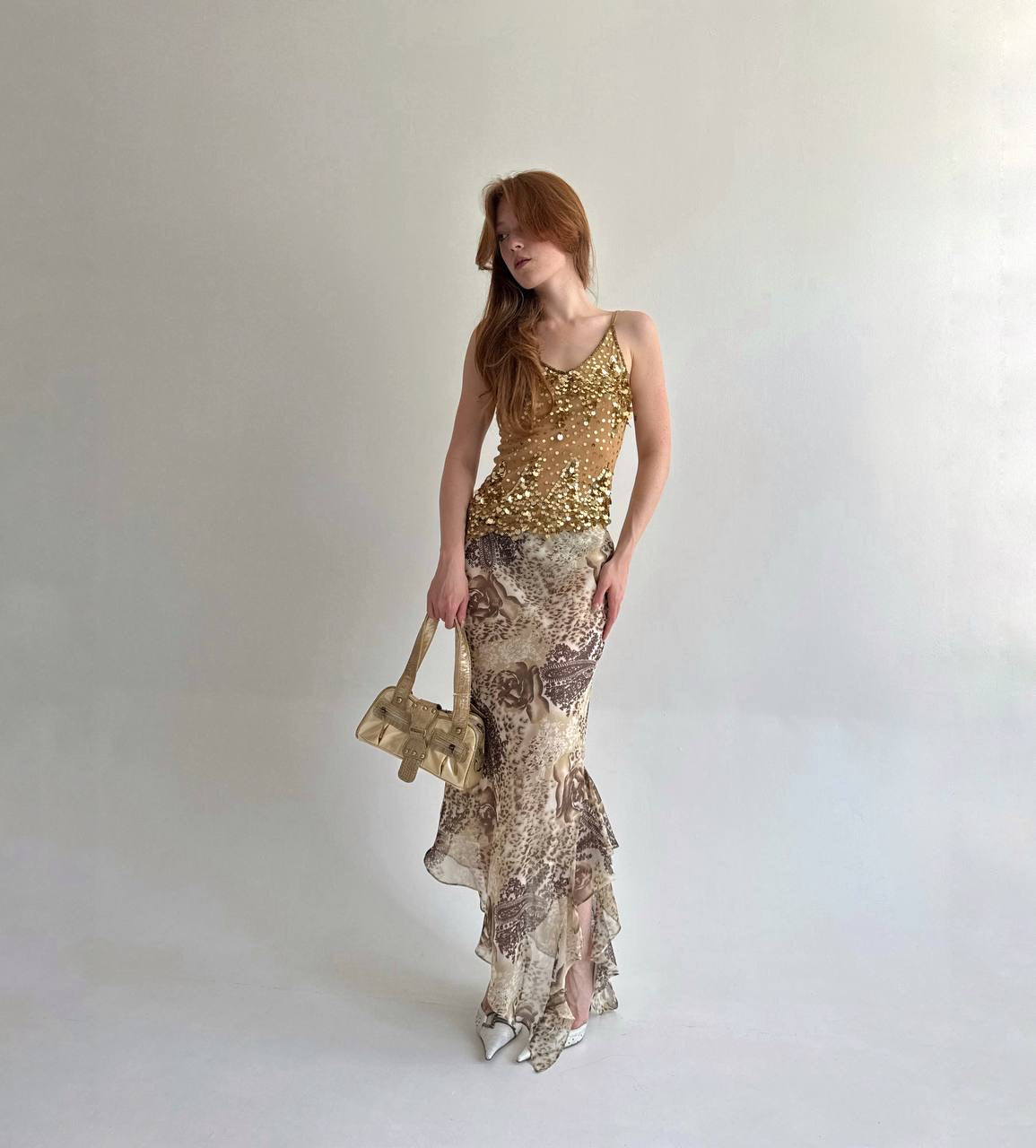 Vintage asymmetrical printed maxi skirt