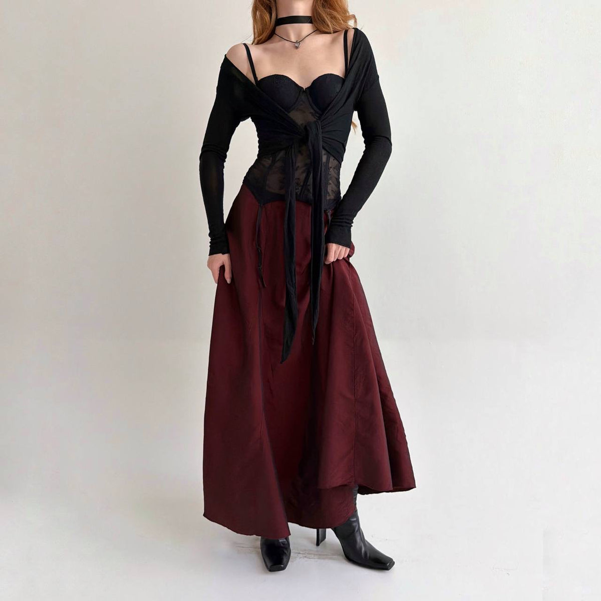 Vintage 53% viscose burgundy maxi skirt