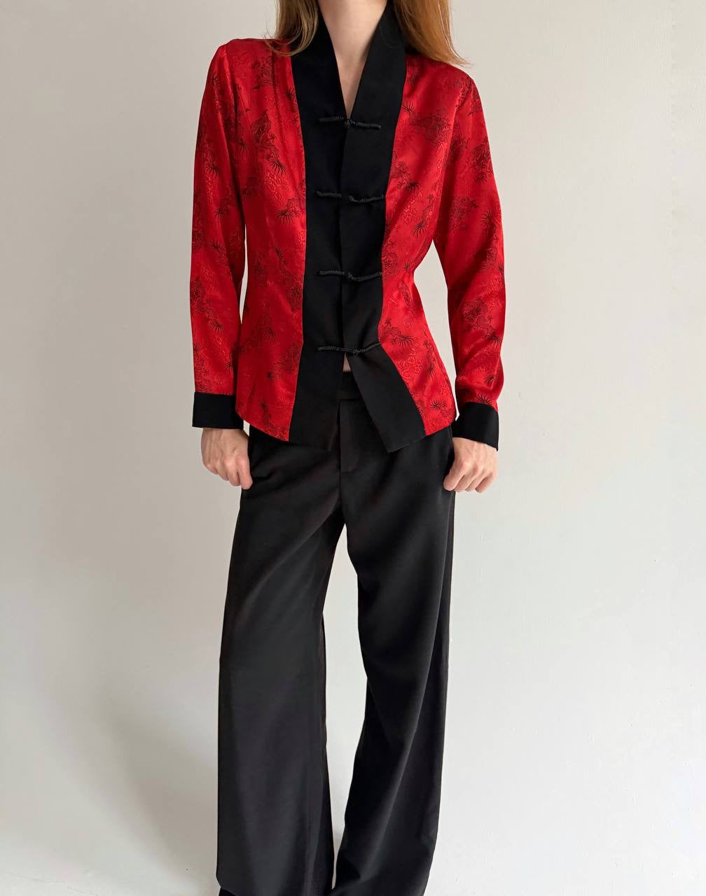 Vintage kimono style red satin blouse