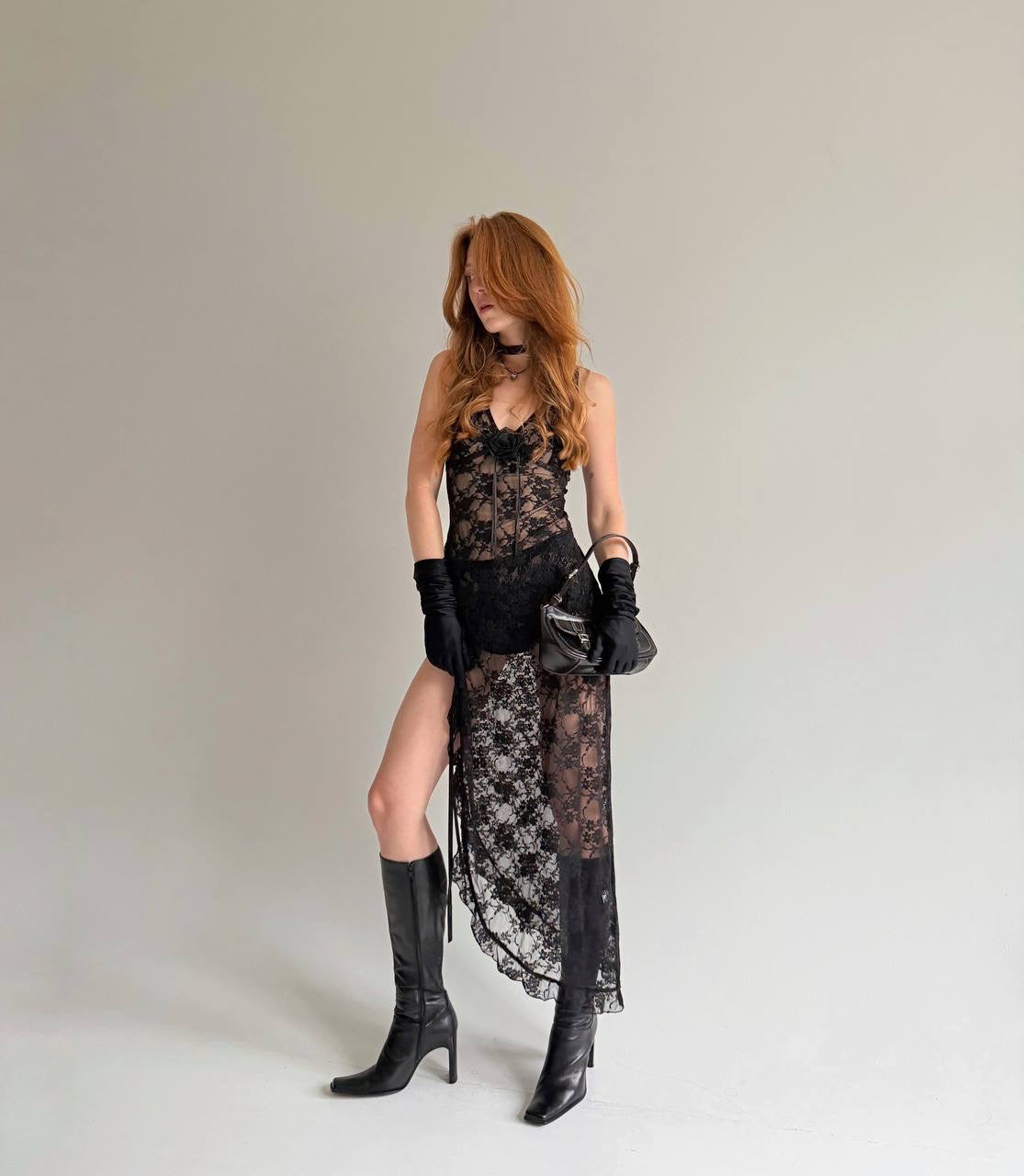 Vintage black lace asymmetrical long dress